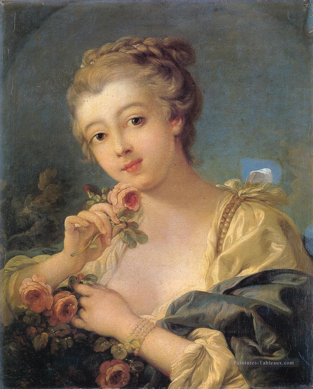 Jeune femme au bouquet de roses François Boucher Peintures à l'huile